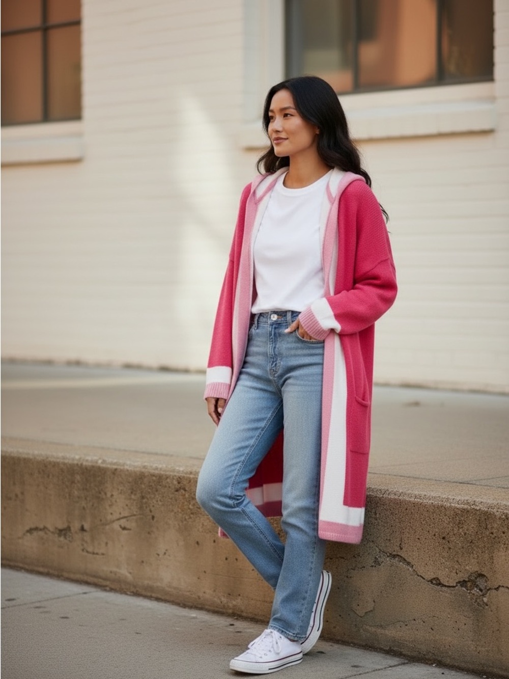 Long Hooded Open-Front Pink & White Cardigan Sweater